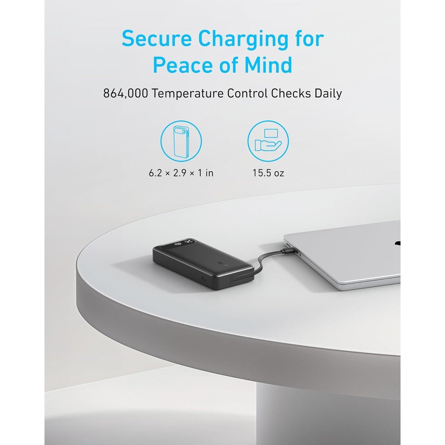 Anker 20,000mAh Power Bank with Built-in USB-C Cable 87W Max Fast Charging for Laptop 2 USB-C and 1 USB-A for MacBook
