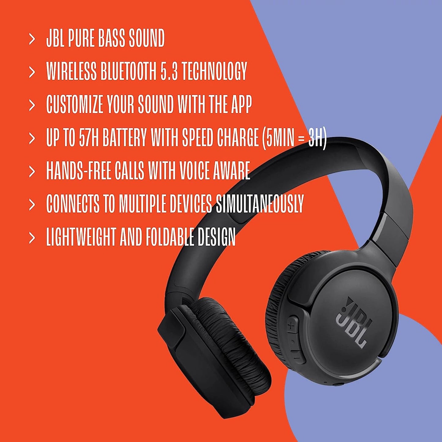 JBL Tune 520BT Wireless On-Ear Headphones – Blue - Headphone