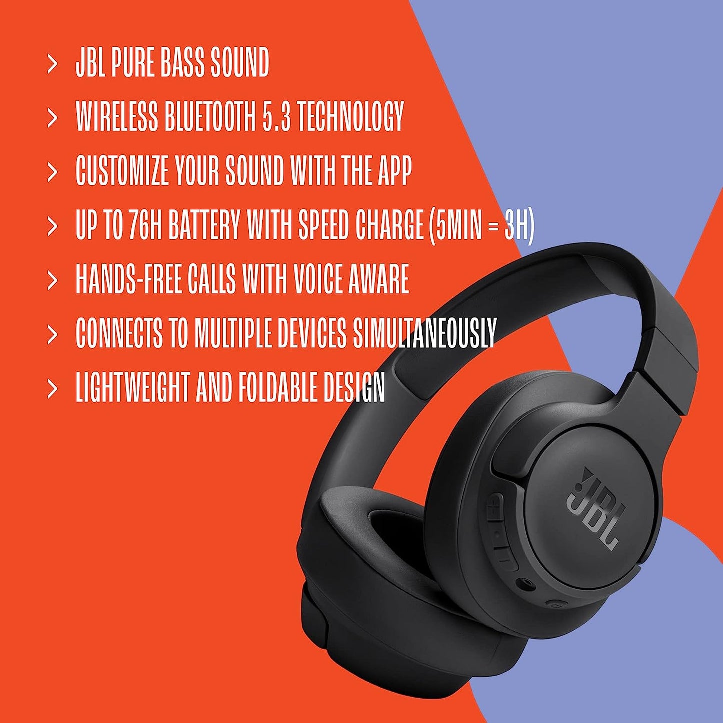 JBL Tune 720BT Wireless On-Ear Headphones – Black - Headphone