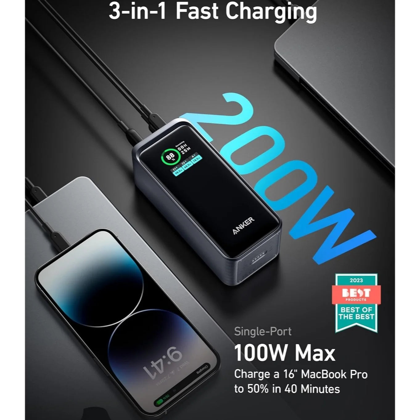 Anker Prime Power Bank 20,000mAh Portable Charger with 200W Output Smart Digital Display 2 USB-C and 1 USB-A Port (Gold)