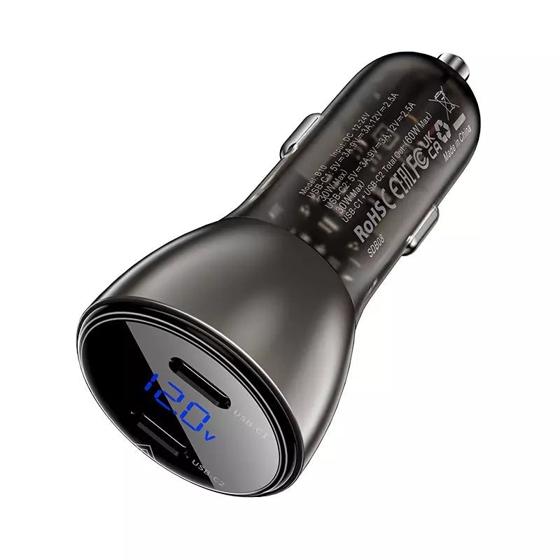 Acefast Fast In Car Charger 60W with Digital Display And 2 USB C Ports – Black