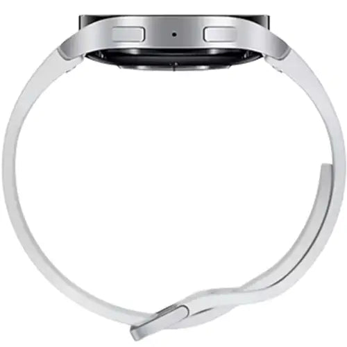 Silver Samsung Galaxy Watch 6 with white band featuring heart rate and sleep coaching