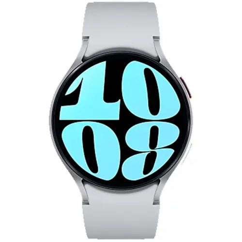 Silver Galaxy Watch 6 displaying time with heart rate and sleep coaching features