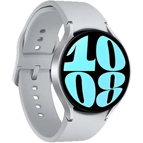 Silver Galaxy Watch 6 with light band, featuring heart rate monitoring and sleep coaching
