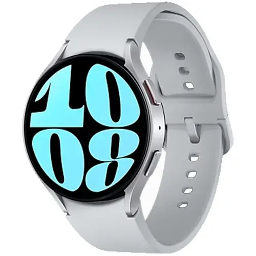 Silver Galaxy Watch 6 with light blue display, fitness tracker, and sleep coaching features