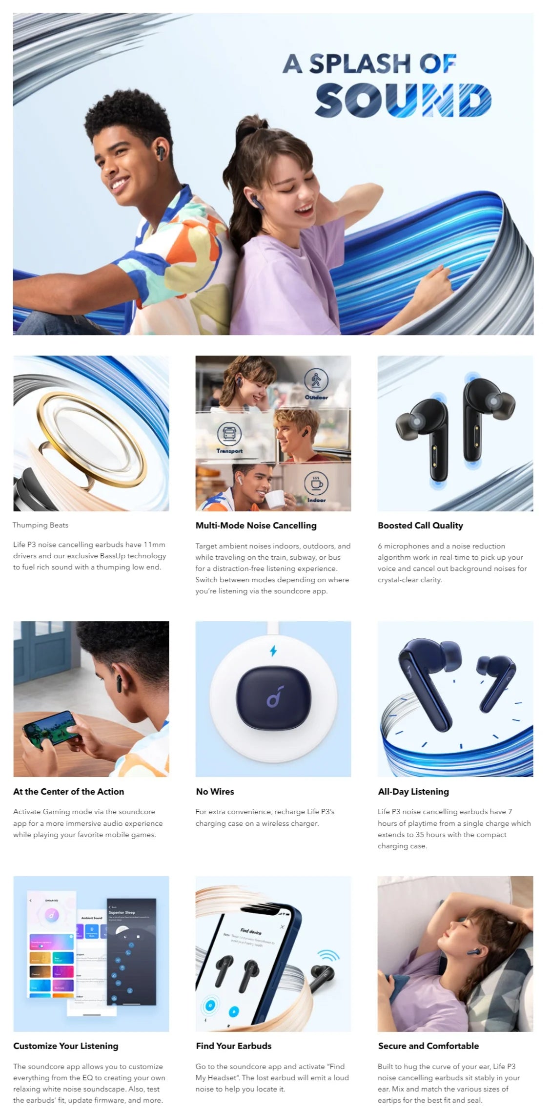Soundcore by Anker Life P3 Noise Cancelling Wireless Bluetooth Earbuds (Black)