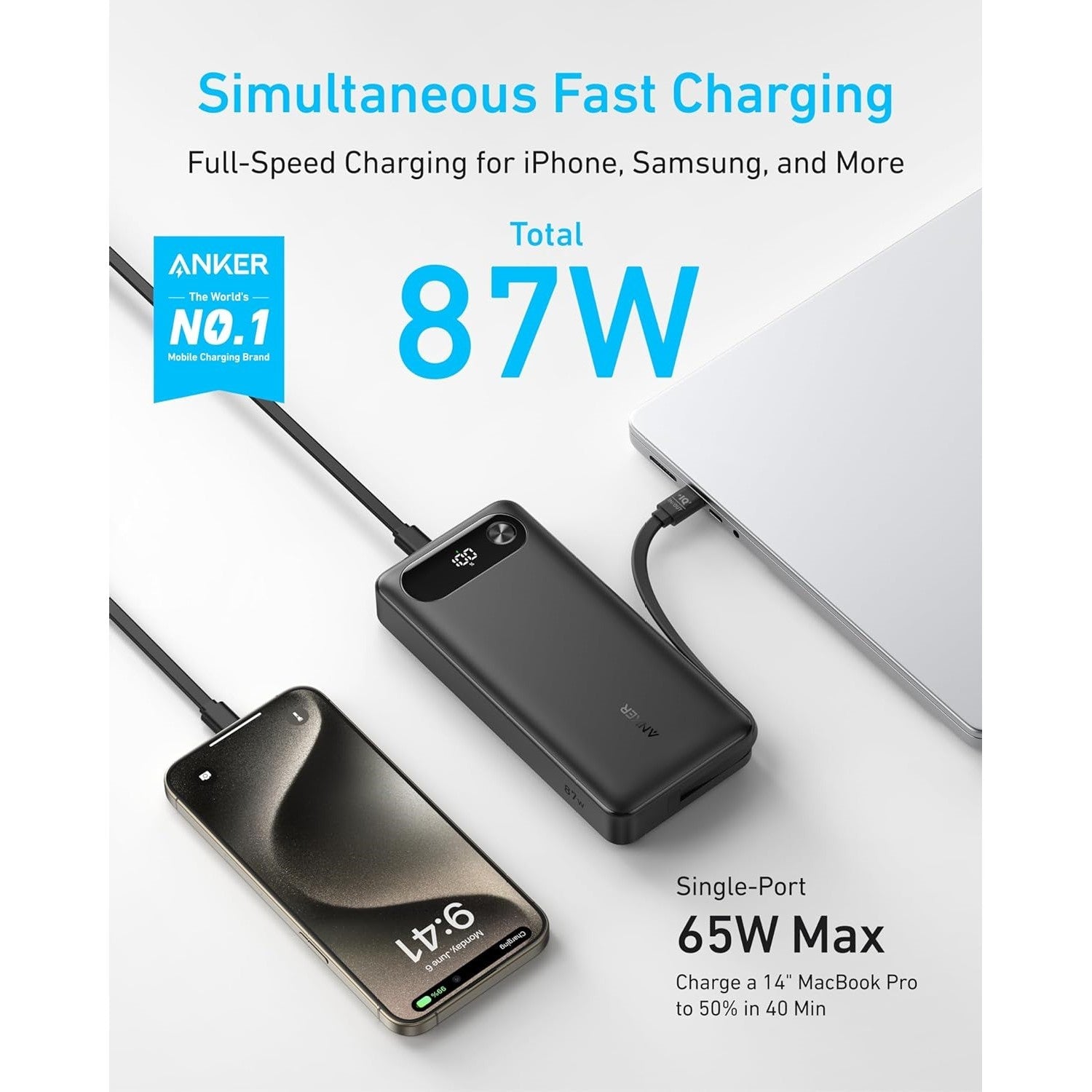 Anker 20,000mAh Power Bank with Built-in USB-C Cable 87W Max Fast Charging for Laptop 2 USB-C and 1 USB-A for MacBook
