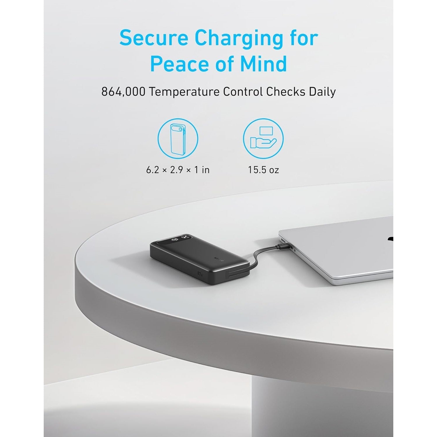 Anker 20,000mAh Power Bank with Built-in USB-C Cable 87W Max Fast Charging for Laptop 2 USB-C and 1 USB-A for MacBook