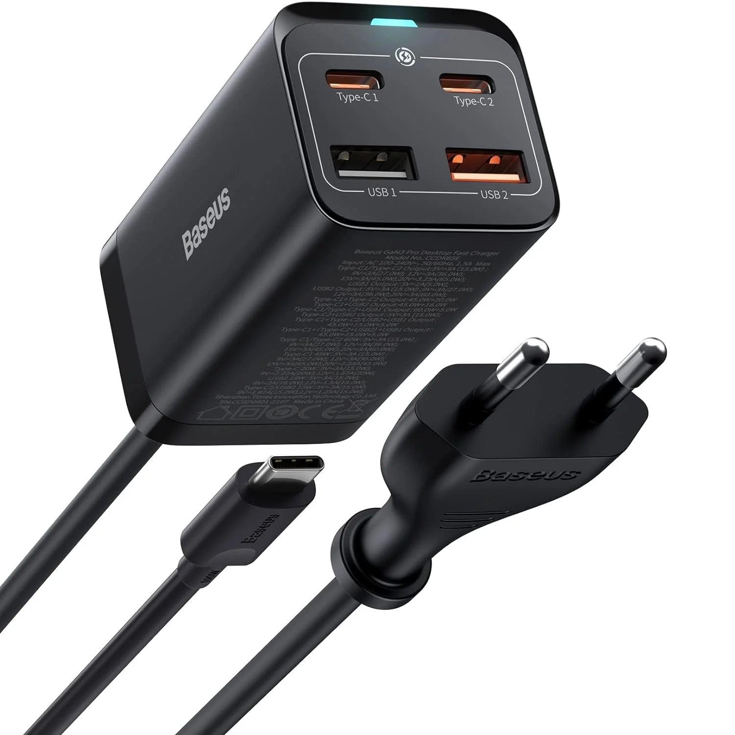 Baseus GaN3 Pro Desktop Fast Charger 2C + 2U 65W EU With Xiaobai series fast charging Cable Type-C to 100W (20V/5A) 1m