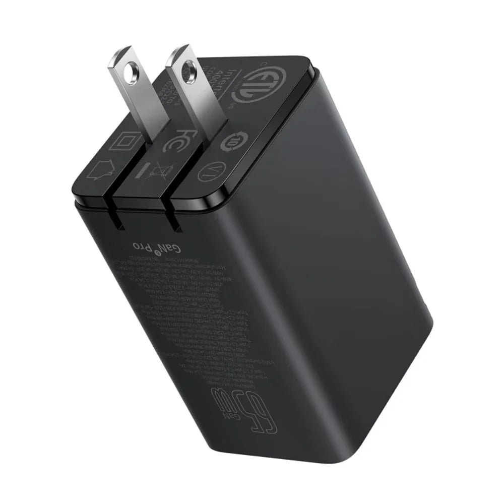 Baseus GaN6 Pro Fast Charger 2C + 2U 65W US with USB-C/USB-C Cable – Black