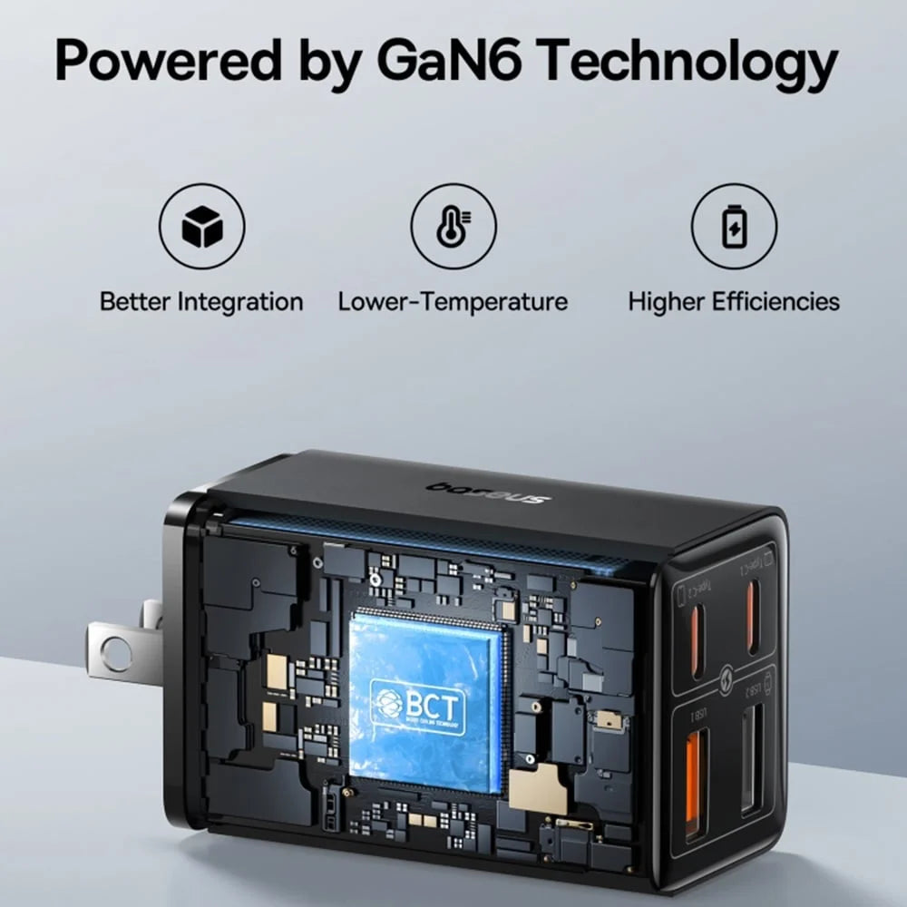 Baseus GaN6 Pro Fast Charger 2C + 2U 65W US with USB-C/USB-C Cable – Black