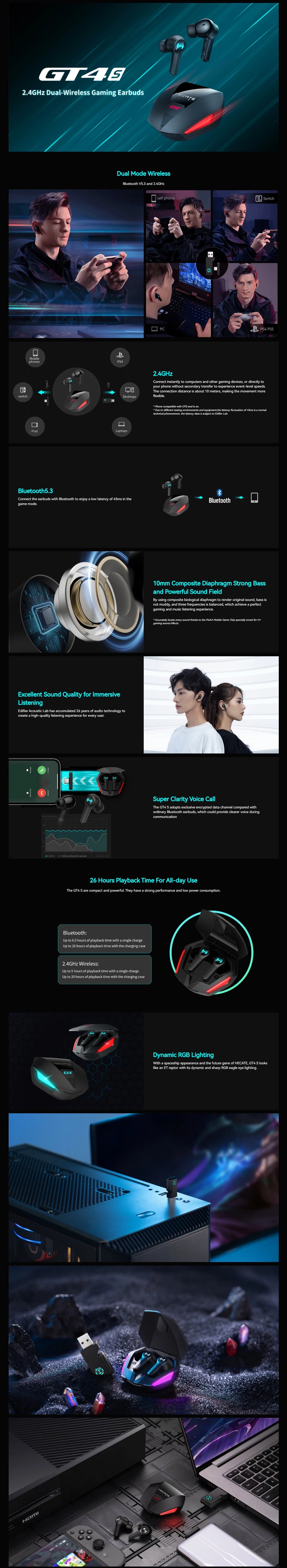 Edifier GT4 S Ultra-Low Latency Dual Mode Wireless Gaming Earbuds