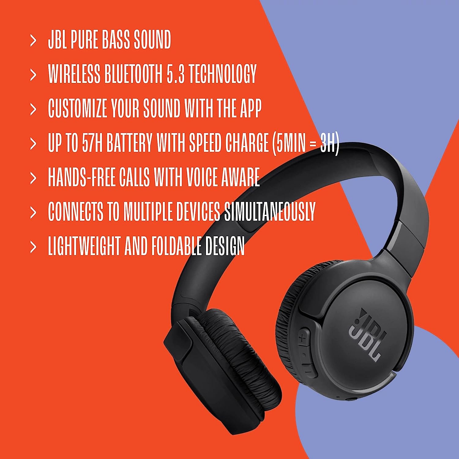 JBL Tune 520BT Wireless On-Ear Headphones – Blue - Headphone