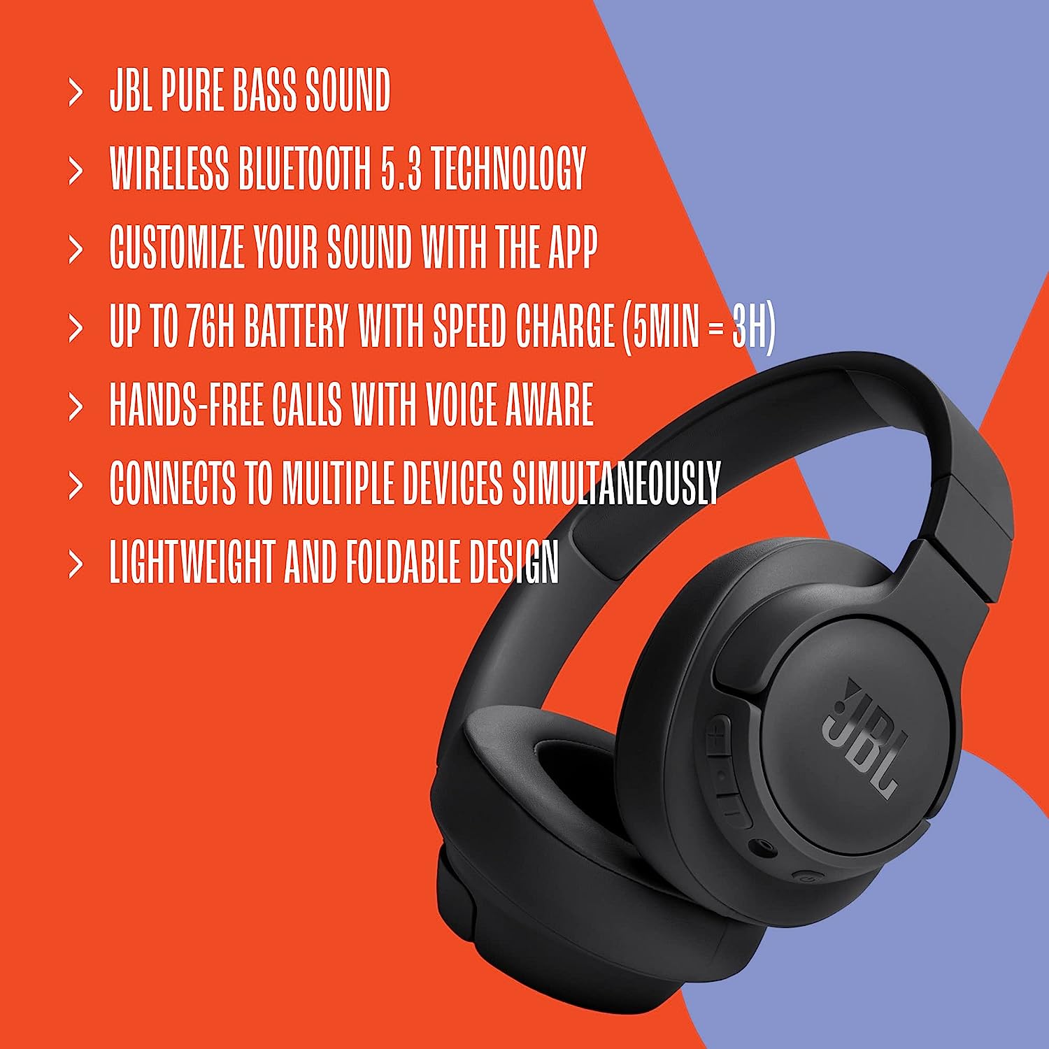 JBL Tune 720BT Wireless On-Ear Headphones – Black - Headphone