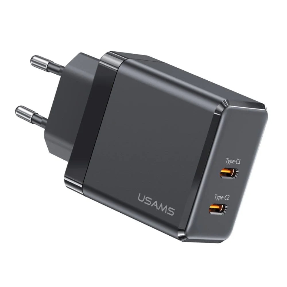 USAMS US-CC172 T54 40W Dual Type-C Ports GaN Charger EU Plug (Black)