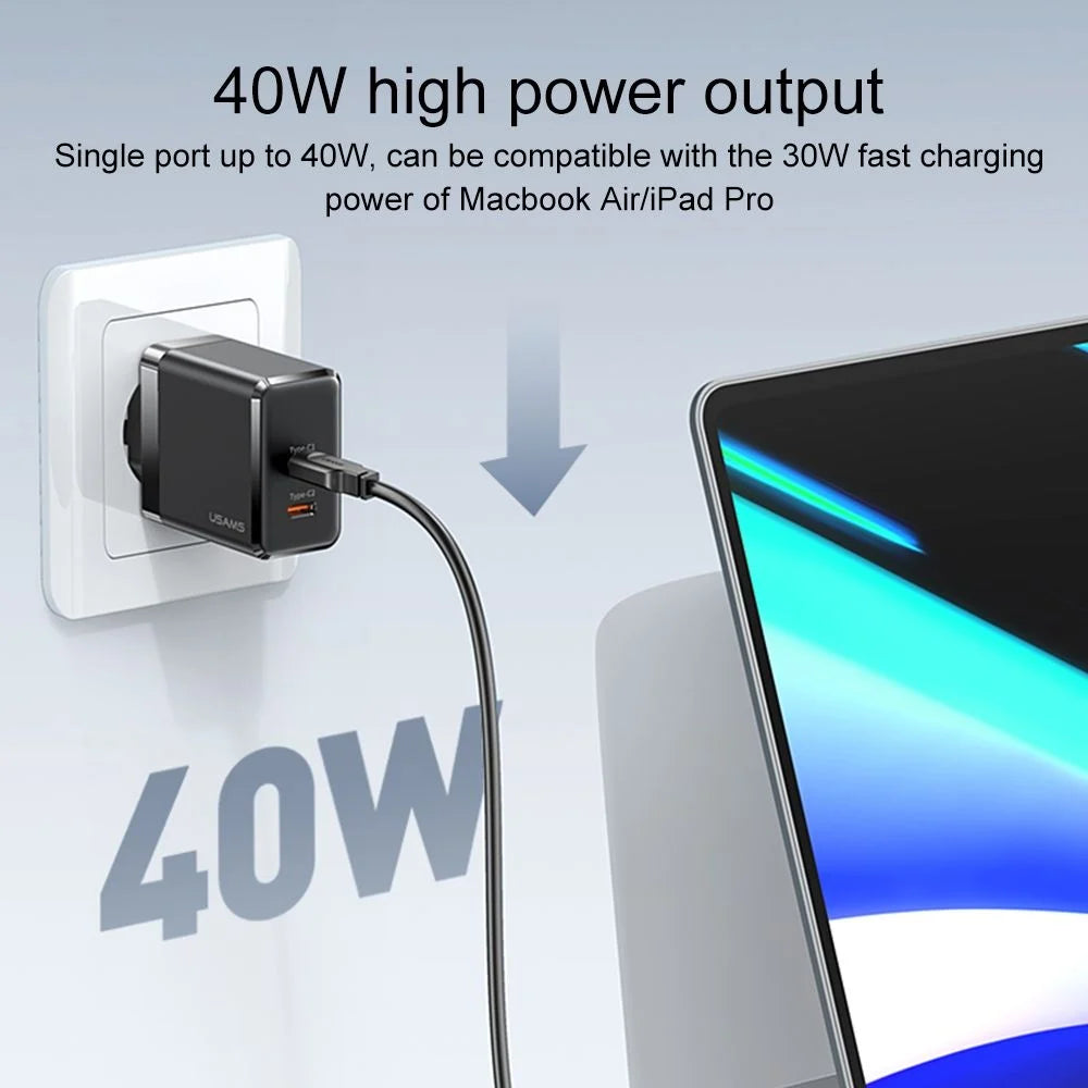 USAMS US-CC172 T54 40W Dual Type-C Ports GaN Charger EU Plug (Black)