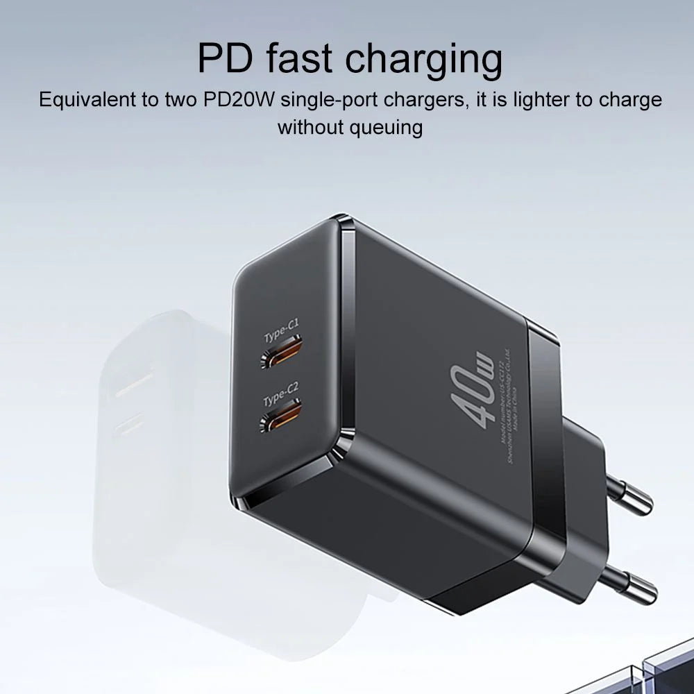 USAMS US-CC172 T54 40W Dual Type-C Ports GaN Charger EU Plug (Black)