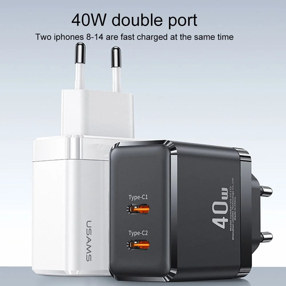 USAMS US-CC172 T54 40W Dual Type-C Ports GaN Charger EU Plug (Black)