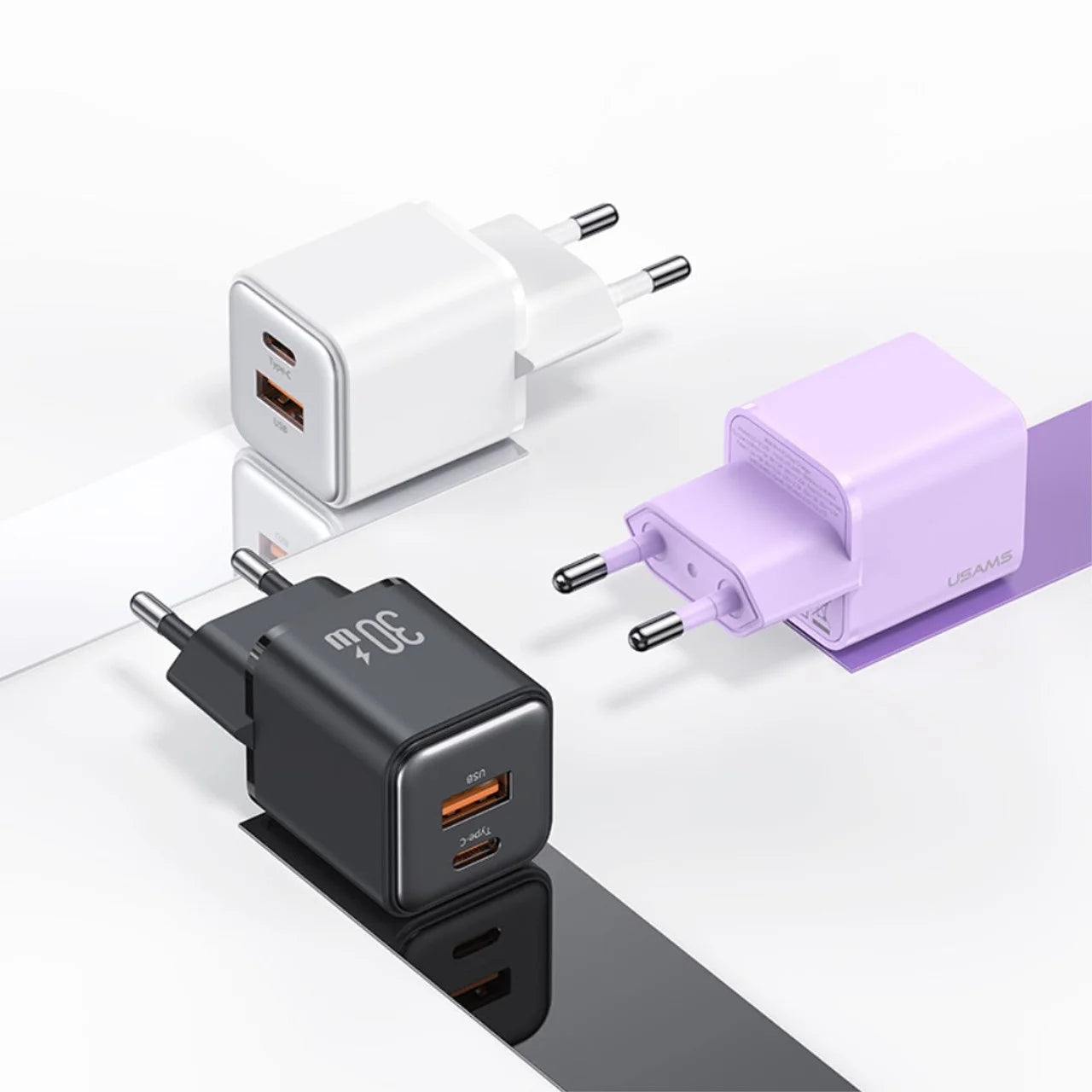 USAMS US-CC189 PD30W USB + USB-C/Type-C Dual Port Electroplating Charger EU Plug (Black)