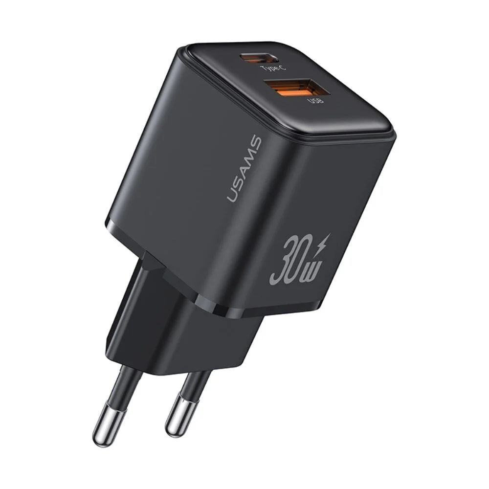 USAMS US-CC189 PD30W USB + USB-C/Type-C Dual Port Electroplating Charger EU Plug (Black)