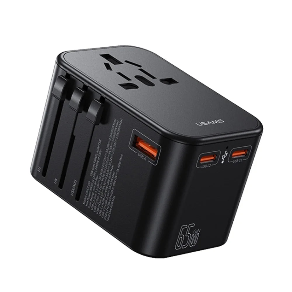 USAMS CC199 T62 65W Dual Type-C + USB Universal Travel Adapter (US/AU/UK/EU) - Charger