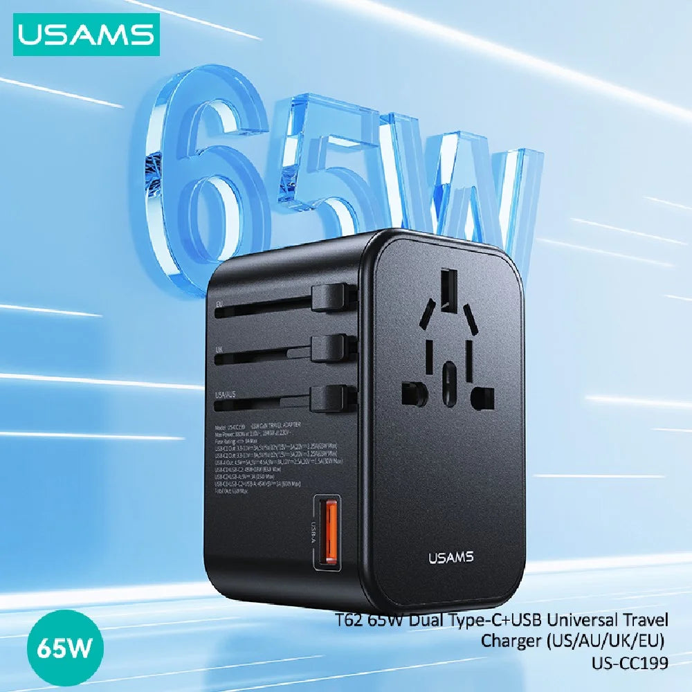 USAMS CC199 T62 65W Dual Type-C + USB Universal Travel Adapter (US/AU/UK/EU) - Charger
