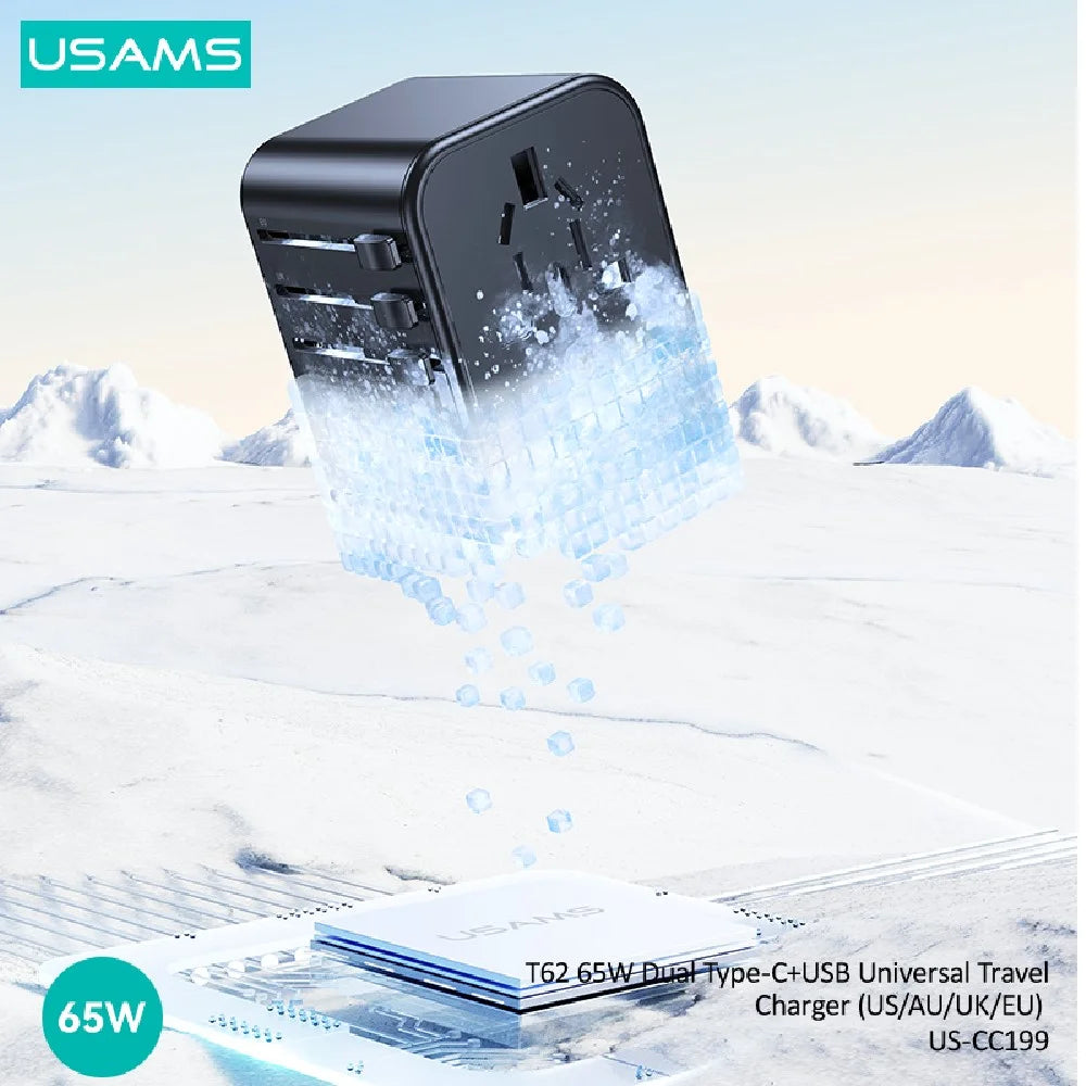 USAMS CC199 T62 65W Dual Type-C + USB Universal Travel Adapter (US/AU/UK/EU) - Charger