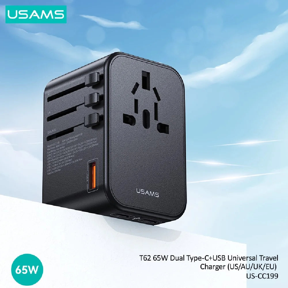 USAMS CC199 T62 65W Dual Type-C + USB Universal Travel Adapter (US/AU/UK/EU) - Charger