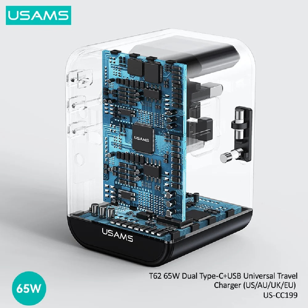 USAMS CC199 T62 65W Dual Type-C + USB Universal Travel Adapter (US/AU/UK/EU) - Charger