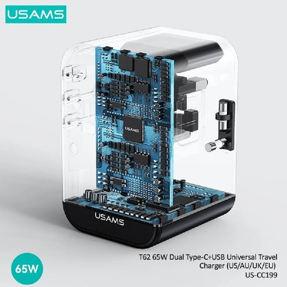 USAMS CC199 T62 65W Dual Type-C + USB Universal Travel Adapter (US/AU/UK/EU) - Charger