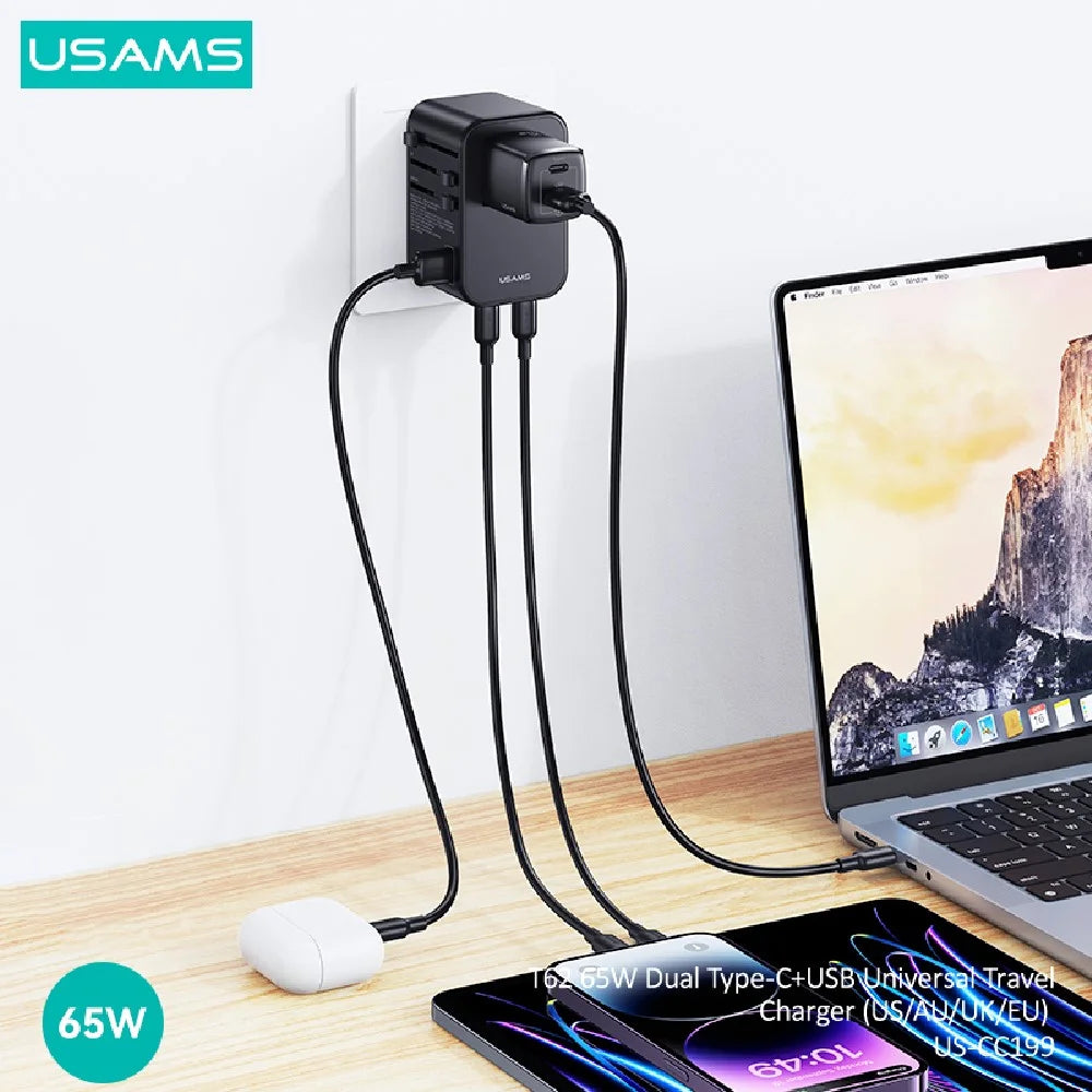USAMS CC199 T62 65W Dual Type-C + USB Universal Travel Adapter (US/AU/UK/EU) - Charger