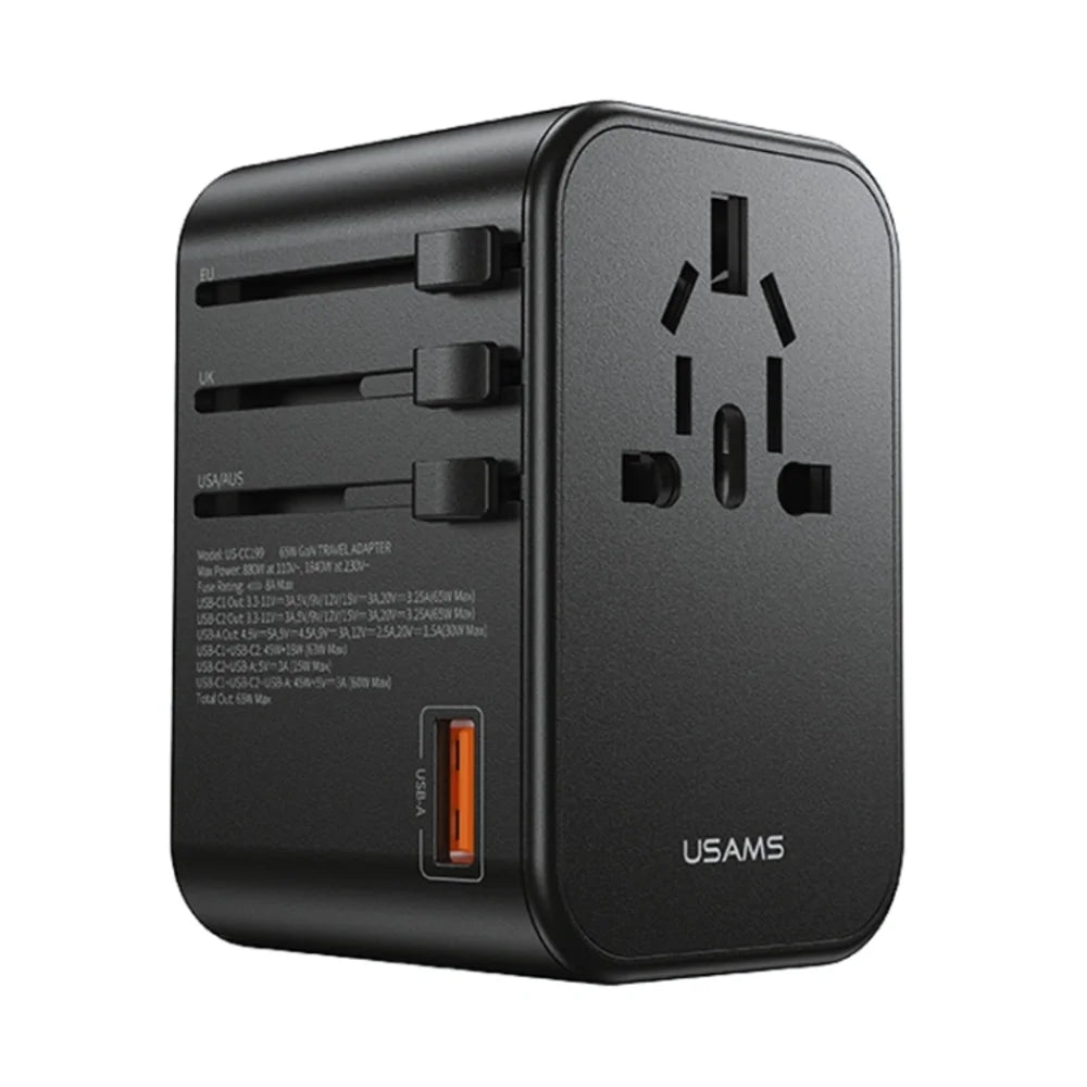 USAMS CC199 T62 65W Dual Type-C + USB Universal Travel Adapter (US/AU/UK/EU) - Charger
