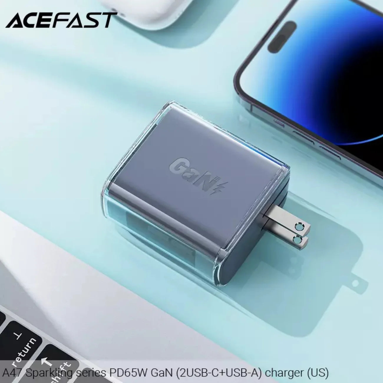 Acefast PD 65W GaN3 Wall Charger A47 Crystal Series 2 Type-C + 1 USB Phone Fast Charging Adapter Black with PPS Support