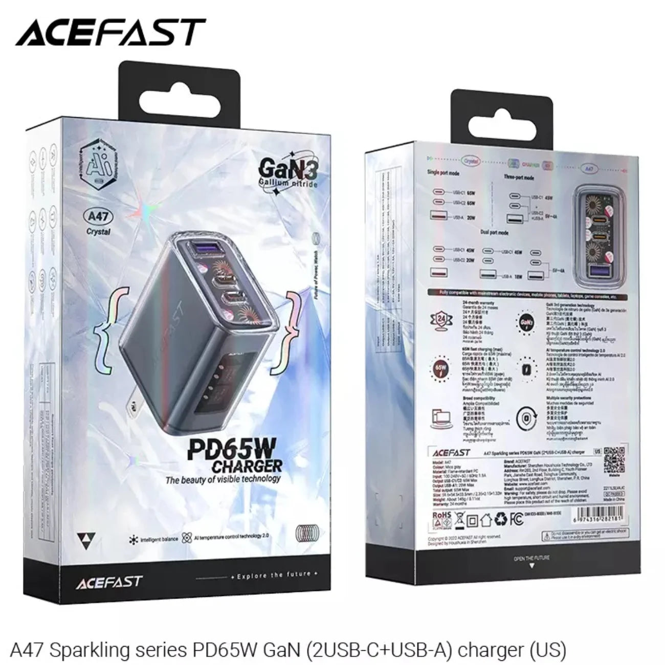 Acefast PD 65W GaN3 Wall Charger A47 Crystal Series 2 Type-C + 1 USB Phone Fast Charging Adapter Black with PPS Support